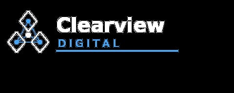 Clearview Digital logo with blue diamond icon and white text on black background